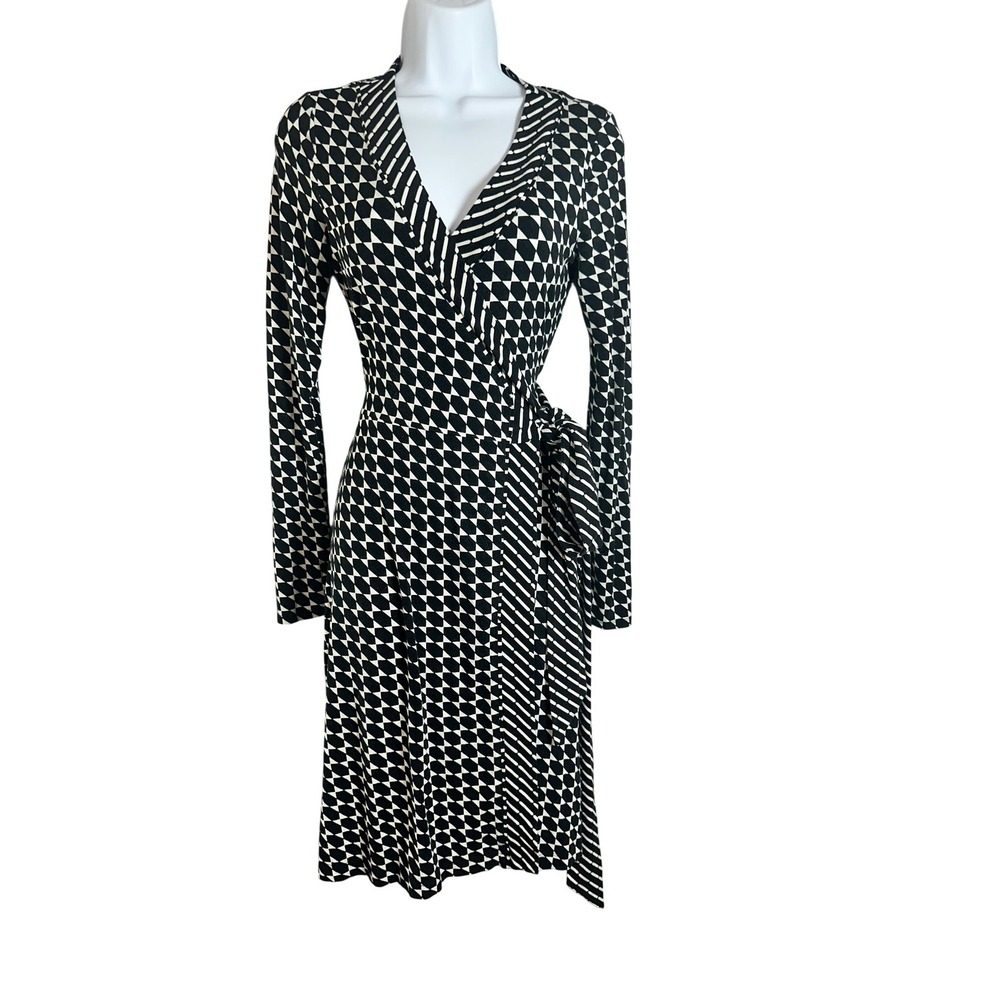 Banana Republic Black White Geometric Print Long Sleeve Jersey Wrap Dress XS
